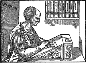 Cicero am Schreibpult. Aus: Cicero, /Epistulae familiares/, Venezia: Hieronymus Scotus 1547. Vor IX i, p. 329